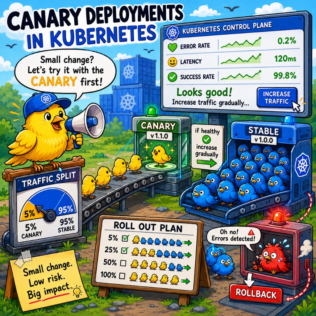 Canary Deployments in Kubernetes: kleiner Anteil des Datenverkehrs auf die neue Version, Metriken auf der Control Plane, schrittweise Rollout-Stufen und Rollback bei steigenden Fehlern